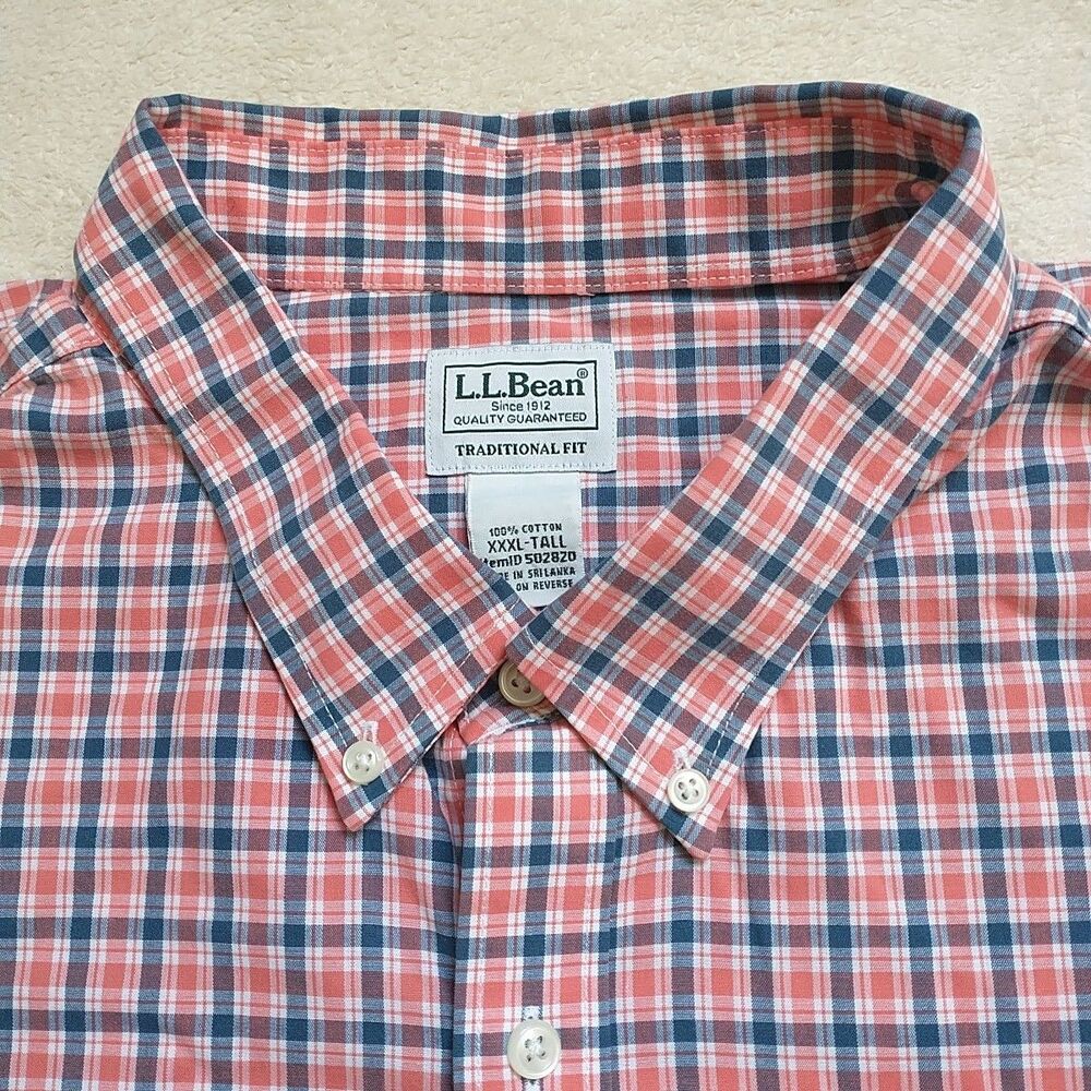 LL Bean Shirt Mens 3XL Tall Traditional Fit Button Down Red Blue Plaid Short Slv